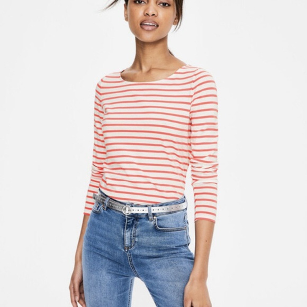 Boden Long Sleeve Breton in Coral Stripe